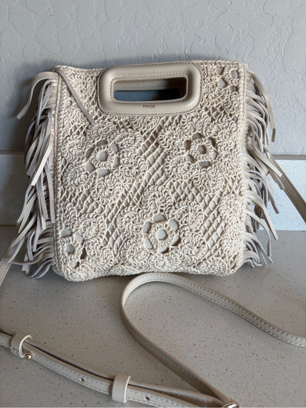 Maje Cream Crochet Fringe Crossbody Tote